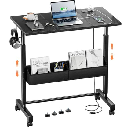 Small Mobile Standing Desk: 5-in-1 Charging Station - Power 5 Devices | Move & Charge in Any Room, Sit-Stand or Walk While Working, Store Supplies in Side Bags, Fits Small Spaces & Treadmills