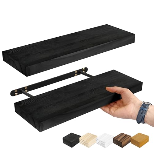 Sorbus 16" Solid Wood Floating Shelves - Set of 2 Black Wall Mounted Kitchen Shelves - Durable Pine Wood - color: Black, size: 16"