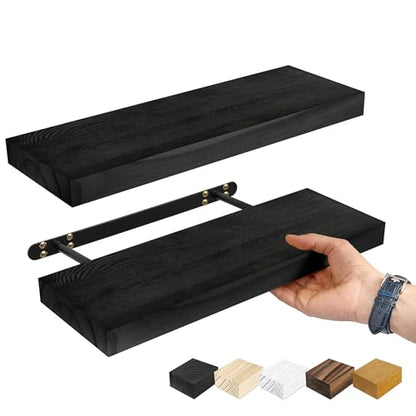 Sorbus 16" Solid Wood Floating Shelves - Set of 2 Black Wall Mounted Kitchen Shelves - Durable Pine Wood - color: Black, size: 16"