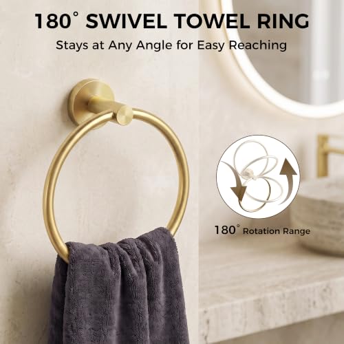 5 Piece 23.6 Inch Brushed Gold Bathroom Hardware Accessories Set | Stainless Steel Bath Extended Towel Bar, Toilet Paper Holder with Shelf, Round Towel Ring Wall Mounted, Towel Hooks