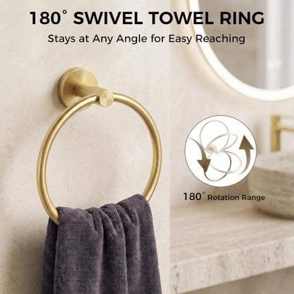 5 Piece 23.6 Inch Brushed Gold Bathroom Hardware Accessories Set | Stainless Steel Bath Extended Towel Bar, Toilet Paper Holder with Shelf, Round Towel Ring Wall Mounted, Towel Hooks
