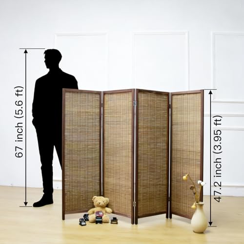 4 Panel Short Room Divider Screen,Brown Freestanding Partition,Small Bamboo Panel Divider for Room Seperation,3.95 FT Tall - color: Brown, size: 4 Panel