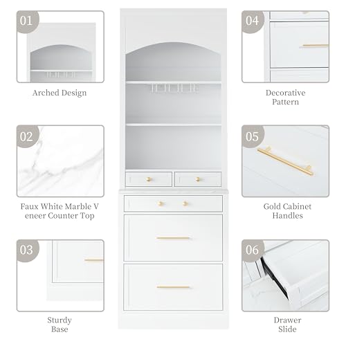 Modern 28.7x17.5x83.7 Inch Tall Kitchen Pantry Cabinet, Freestanding Hutch with Faux Marble Top, 5 Drawers & Adjustable Shelf, Glass Holders, Space-Saving Storage for Kitchen/Dining Room (1, White) - color: White