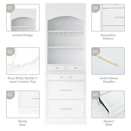 Modern 28.7x17.5x83.7 Inch Tall Kitchen Pantry Cabinet, Freestanding Hutch with Faux Marble Top, 5 Drawers & Adjustable Shelf, Glass Holders, Space-Saving Storage for Kitchen/Dining Room (1, White) - color: White