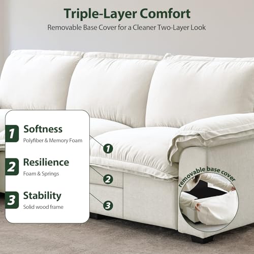 HALLYBEE Cloud Couch Sectional Modular Sofa for Living Room White | Modular Sectional Cloud Couch with Movable Ottoman, L-Shaped, 3-Seater, Chenille Fabric, Removable Cushion Covers, Apartment - color: White