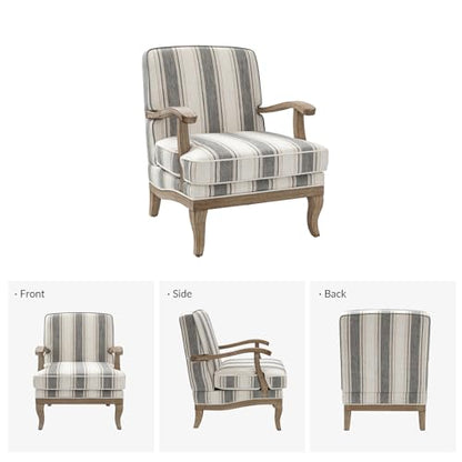 HULALA HOME Farmhouse Striped Accent Chair with Solid Wood Legs, Dark Grey | Comfy Upholstered Patterned Armchair with Curved Armrests, Removable Cushion, for Living Room Bedroom Reading - color: Dark Grey