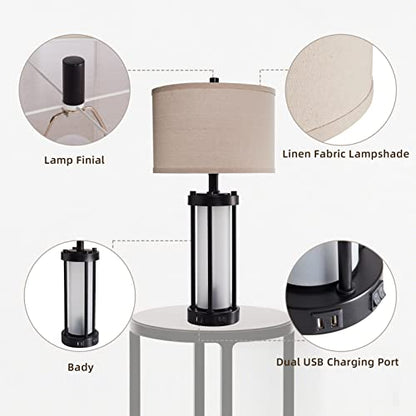 RORIA Set of 2 Modern Table Lamps for Living Room with 2 USB Ports, White Frosted Glass Nightlight for Bedroom, Contemporary Desk Lamps for Nightstand End Table Entryway, 4 Bulbs Included (Black) | 2 USB Ports White Frosted Glass Nightlight for Bedroom, D