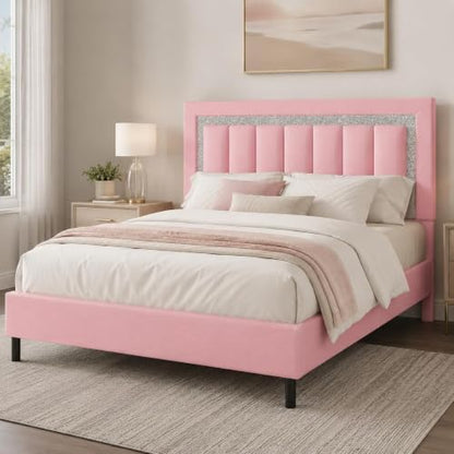 HOMBCK Full Bed Frame with Headboard, Faux Leather Upholstered Bed with Wooden Slats Support, Full Size Bed Frame with Diamond Vertical Stripe Design, Mattress Foundation, No Box Spring Needed, Pink - color: Pink, size: Full