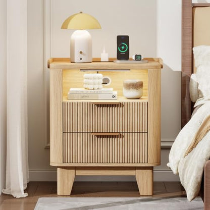Baoz Fluted Nightstand with Charging Station & 2 Drawers, Natural Oak | 20" Wide Mid Century Modern Bedside Table with Light Wood Curved Profile 27in Tall LED Night Stand for Bedroom - color: Oak, size: 2 Drawers