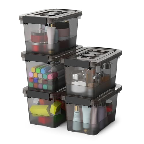 Plastic Storage Bins with Lids 5-Pack Storage Organizer, 4 Quart Stackable Storage Bins with Buckle Lids and Handle easy for Home Office Pantry Organization, Clear Black