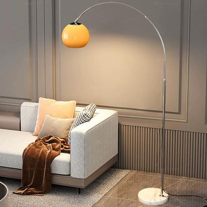 Modern LED Arc Floor Lamp Silver Floor Lamp Glass Shade Standing Lamp with Marble Base Floor Light for Living Room Reading Bedroom Home Office