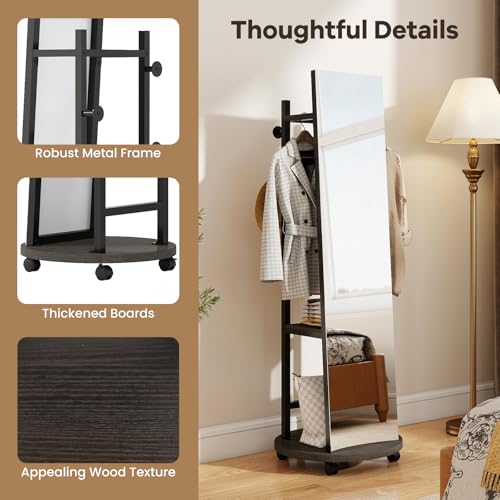 Tangkula 55" Full Length Mirror with Coat Rack, Standing Coat Tree | 2-Tier Shelves, Hanging Rods & Hooks, Explosion-Proof HD Mirror, 4-Wheel Swivel Design, For Entryway, Living Room, Bedroom - color: Black & Walnut