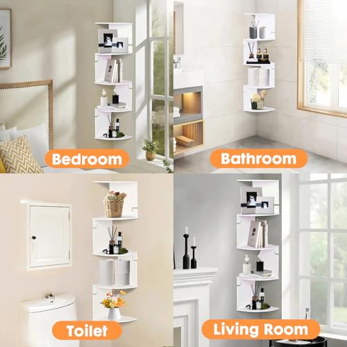 ShellKingdom Corner Shelf Wall Mount, 5 Tier Corner Bookshelf, Floating Display Shelves for Home, Living Room, Bedroom, Office, Bathroom, Small Spaces Decorations, 7.87 X 7.87 X 33.46 INCHES (White) - size: 5 Tier