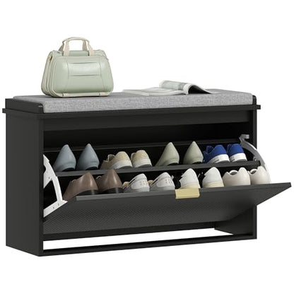 HOMCOM Narrow Shoe Bench with Padded Cushion 31.5x10.2x18.7 Inches Black | Shoe Storage Cabinet, Flip-Drawer, Adjustable Shelf, Small Entryway Bench, Holds up to 265lb - color: Black, size: 31.5" x 10.2" x 18.7"