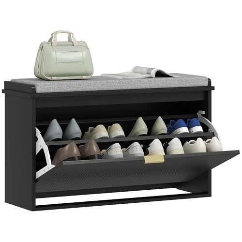 HOMCOM Narrow Shoe Bench with Padded Cushion 31.5x10.2x18.7 Inches Black | Shoe Storage Cabinet, Flip-Drawer, Adjustable Shelf, Small Entryway Bench, Holds up to 265lb - color: Black, size: 31.5" x 10.2" x 18.7"