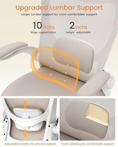 Office Chair, Ergonomic Desk Chair with Adjustable Lumbar Support and Flip up Armrest, Breathable Mesh Computer Chair for Home Office, Khaki - color: Khaki