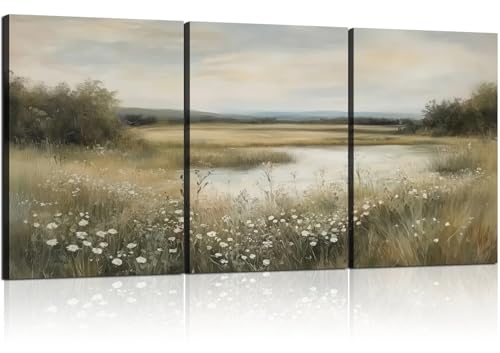 WALUPLL 3 PCS Wildflower Canvas Wall Art Large Landscape Canvas Wall Art Lake Wildflower Print Posters Nature Scenic Painting for Living Room Bedroom12x16 Inch Ready to Hang - color: Vintage Wildflower, size: 16"L x 12"W