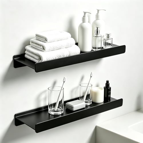 12 inch Metal Floating Shelves for Wall, Bathroom Small Shelves with Lip | Black, Heavy Duty Wall Shelves Storage for Bathroom Kitchen Bedroom Small Spaces, No Wobble Set of 2 - color: Black, size: 12 inch 2P