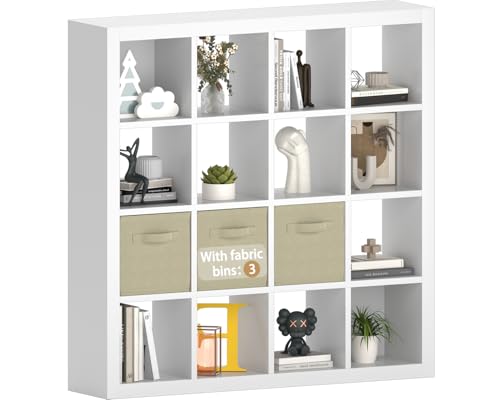 furtble Bookshelf with Storage Bins, 16-Cube Storage Organizer with Back Panels, Modern Wood Open Bookcase, Multifunctional Display Shelf for Living Room, Bedroom, Home Office, White - color: White, size: 16 cube