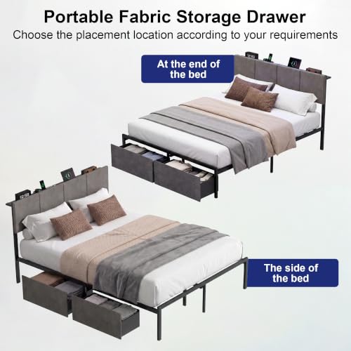 J.Fkne Queen Bed Frame with Charging Station and LED Lights, Metal Platform Bed with 2 Storage Drawers, Upholstered Headboard, Noise Free, No Box Spring Needed, Easy Assembly