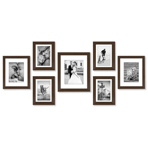 Americanflat Set of 7 Picture Frames with Shatter-Resistant Glass - Gallery Wall Frame Set with One 11x14, Two 8x10 and Four 5x7 Frames - Signature Collection - Walnut | Includes one 11x14, two 8x10 and four 5x7, shatter-resistant glass, hanging hardware