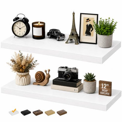 RICHER HOUSE 12 Inch Deep Floating Shelves, 36 Inch Long Wall Shelf, White | Rustic Wood Wall Mounted Shelves, Bookshelf Set of 2 with Invisible Bracket for Display Bathroom Bedroom Kitchen Living Room - color: White, size: 36in