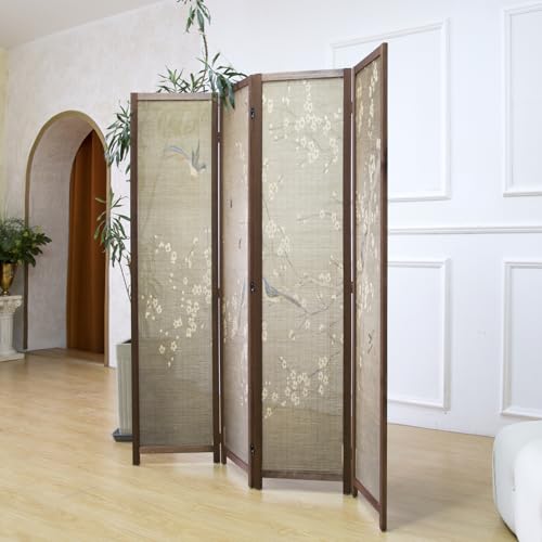 4 Panel Bamboo Room Divider for Room Separation, 5.6 ft Tall Double-Sided Folding Privacy Screen with Premium Thickened Wood Frame, White Plum and Birds (67" H x 63" W) - color: Plum and Birds, size: 4 Panel