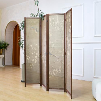 4 Panel Bamboo Room Divider for Room Separation, 5.6 ft Tall Double-Sided Folding Privacy Screen with Premium Thickened Wood Frame, White Plum and Birds (67" H x 63" W) - color: Plum and Birds, size: 4 Panel