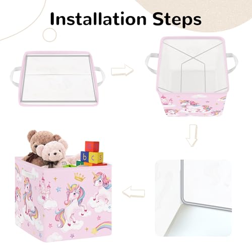 Clastyle 11.8" Unicorn Storage Basket Set of 3 for Kid Girl Toy Clothes Bin | Collapsible Fabric Book Bin, Metal Frame Bottom Board, Cube Organizer, Closet Nursery Pantry Shelf Bedroom, Pink Rainbow
