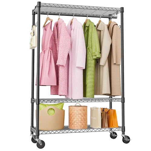 M MZG Heavy Duty Rolling Garment Rack 3 Tiers Adjustable Wire Shelving Clothes Rack with 1 Rods and Side Hooks,Storage Closet Clothing Rack with Wheels Black 15.7" D x 45.3" W x 75.6" H - color: Black, size: 3 Tier and 1 Rod 15.7"D x 45.3"W x 75.6"H
