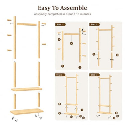 Small Clothes Rack Solid Wood Coat Rack Freestanding with Wheels | Space Saving, Stable 5 Hooks 2 Shelves Coat Tree, Silent 360 Degree Wheels, Heavy Duty 150 lb Capacity for Entryway Bedroom - color: Natural Wood, size: S: 15.7" x W: 11.8" x H: 70" (With