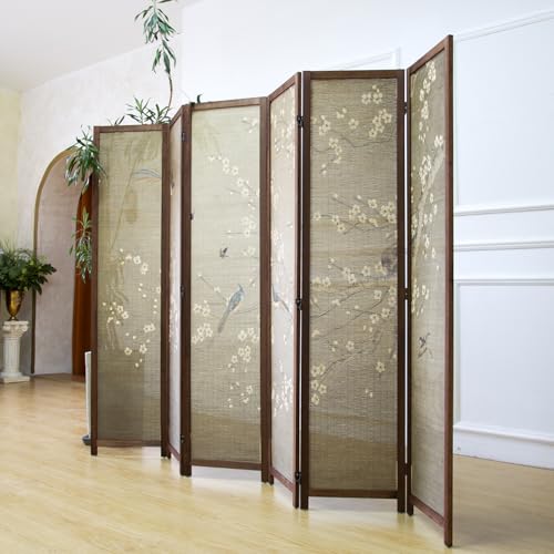 6 Panel Bamboo Room Divider for Room Separation, 5.6 ft Tall Double-Sided Folding Privacy Screen with Premium Thickened Wood Frame, White Plum and Birds (67" H x 94.5" W) - color: Plum and Birds, size: 6 Panel