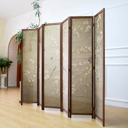 6 Panel Bamboo Room Divider for Room Separation, 5.6 ft Tall Double-Sided Folding Privacy Screen with Premium Thickened Wood Frame, White Plum and Birds (67" H x 94.5" W) - color: Plum and Birds, size: 6 Panel