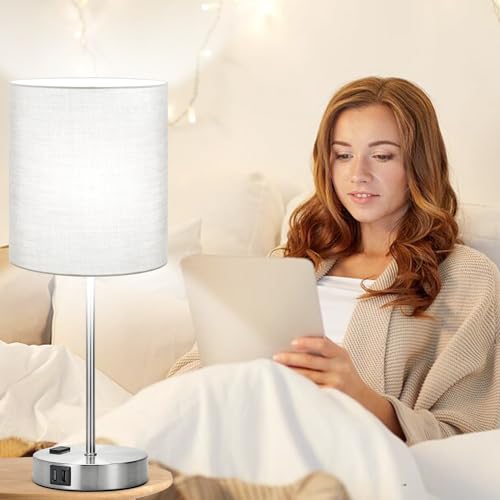 Set of 2 Grey Touch Control Table Lamps with 2 USB Ports & AC Outlet, 3-Way Dimmable Bedside Nightstand Lamps, Desk Lamp for Bedroom Living Room Nursery, 800 Lumens 5000K Daylight Bulbs Included - color: (2 Pack)Gray & Brushed Nickel(Base)-5000K Bulbs Inc