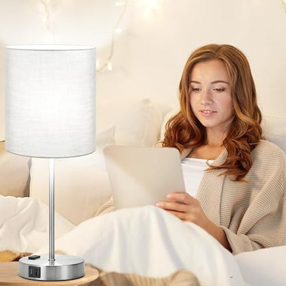 Set of 2 Grey Touch Control Table Lamps with 2 USB Ports & AC Outlet, 3-Way Dimmable Bedside Nightstand Lamps, Desk Lamp for Bedroom Living Room Nursery, 800 Lumens 5000K Daylight Bulbs Included - color: (2 Pack)Gray & Brushed Nickel(Base)-5000K Bulbs Inc
