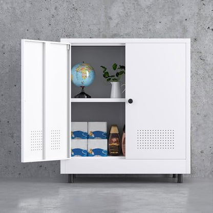 Metal Storage Cabinet with 2 Doors and Adjustable Shelf, Free Standing Accent Sideboard Buffet Cabinet for Home, Office, Entryway, Hallway, Living Room, Kitchen and Dining Room (White) - color: White