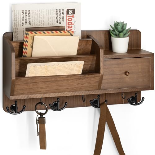Rebee Vision Key Holder Wall Mount with Drawer Organizer for Entryway,Brown | 7 Key Hooks, 3 Mail Sorters, Letter Sorting, Small-Item Storage, Mail and Key Organizer for Wall, Apartment Essential - color: Brown