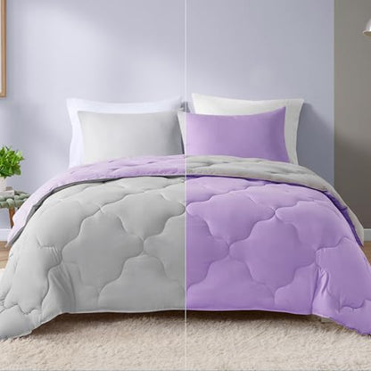 Comfort Spaces Vixie Reversible Comforter Set - Trendy Casual Geometric Quilted Cover, All Season Down Alternative Cozy Bedding, Matching Sham, Lavender/Gray, Full/Queen 3 piece | Down Alternative, All Season, Bedding for Bedroom, Geometric Pattern, Rever