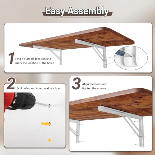 Neoaider Wall Mounted Folding Table 31.5”L x 15.7”W, Brown | Laundry Folding Table with Heavy Duty Metal Collapsible Shelf Brackets, Wall Mounted Desk Fold Down for Small Spaces - color: Brown, size: 31.5" x 15.7"