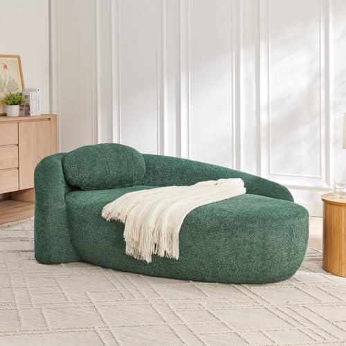 Modern Oval Chaise Lounge Chair, Boucle Upholstered Single Lazy Sofa with Integrated Backrest, Side Armrest, Matching Pillow, Space Saving Accent Lounger for Living Room Reading Nook (Green) - color: Green