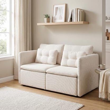 HNY 56.5" Modern Loveseat Sofa, Beige | 2-Seat Button Tufted Love Seat, Deep Seat Chenille Fabric With Pillow, Small Couch for Bedroom, Apartment, Home Furniture - color: Beige, size: Loveseat