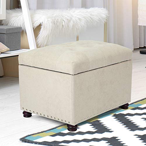 Adeco Classy Cotton Mix Fabric Accents Rectangular Storage Bench Footstool Ottomans & Storage Ottomans, White - color: White Fabric