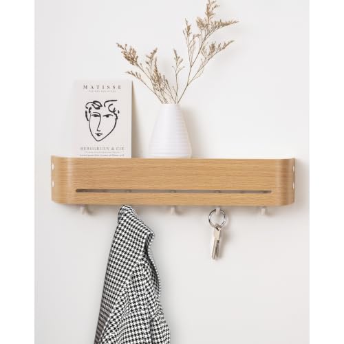 Key Holder Wall Mount with Shelf | 17 inch | Oak | 5 Retractable Hooks | Minimalist | Space-Saving | Modern Wall Coat Hooks | Wooden Key Rack for Entryway & Hallway - color: Oak