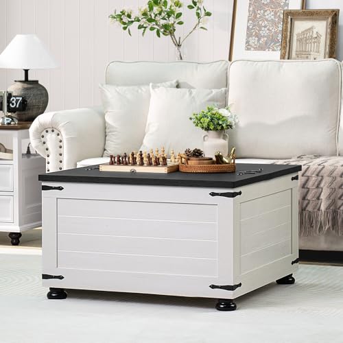 Joaxswe Farmhouse Coffee Table with Hidden Storage, Square Large Center Table for Living Room, Vintage Cocktail Tables with Flip-Top Lids, Farm House Tables with Wood Gourd Feet, Antique White & Black - color: White, style: With Round Legs