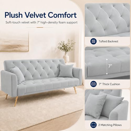 Majnesvon 71" Convertible Folding Sleeper Sofa Couch,Modern Velvet Loveseat Sleeper with 2 Pillows, Futon Sofa Bed with Mattress and Frame for Living Room,Bedroom,Small Space (Grey) - color: Grey