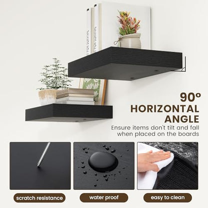 12 Inch Deep Floating Shelves, 16 Inch Black Wall Shelves Set of 2 | Invisible Brackets, Engineered Wood, Mounting Hardware Included, 35LBS, Bathroom, Laundry Room, Kitchen, Living Room - color: Black, size: 16W x 11.6D x 2H, 2 Pack