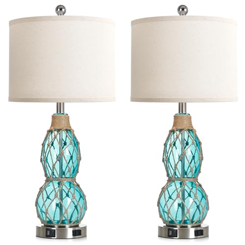 Rinweey 26" Coastal Glass Table Bedside Lamps Set of 2, 3-Way Dimmable Touch Lamps with USB Ports and AC Outlet, Nautical Nightstand Lamps for Bedroom Living Room,Teal - color: Teal