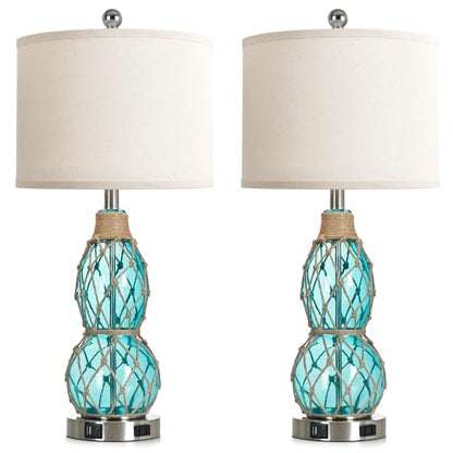 Rinweey 26" Coastal Glass Table Bedside Lamps Set of 2, 3-Way Dimmable Touch Lamps with USB Ports and AC Outlet, Nautical Nightstand Lamps for Bedroom Living Room,Teal - color: Teal