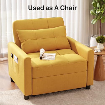 Convertible Sleeper Chair Sofa Bed, Adjustable Backrest, Yellow | 3 in 1 Chair Bed, Adjustable Backrest, Storage Pocket, Compact Fit for Living Rooms, Apartments, Guest rooms - color: Yellow