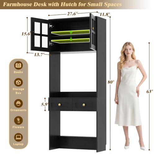 Besiost Farmhouse Desk with Glass Hutch, Small Writing Study Desk with Drawers, Multi-Function Desk for Home Office, Bedroom, Kitchen, Black (27.6" L × 11.8" D × 80" H) - color: Black, size: 27.6"